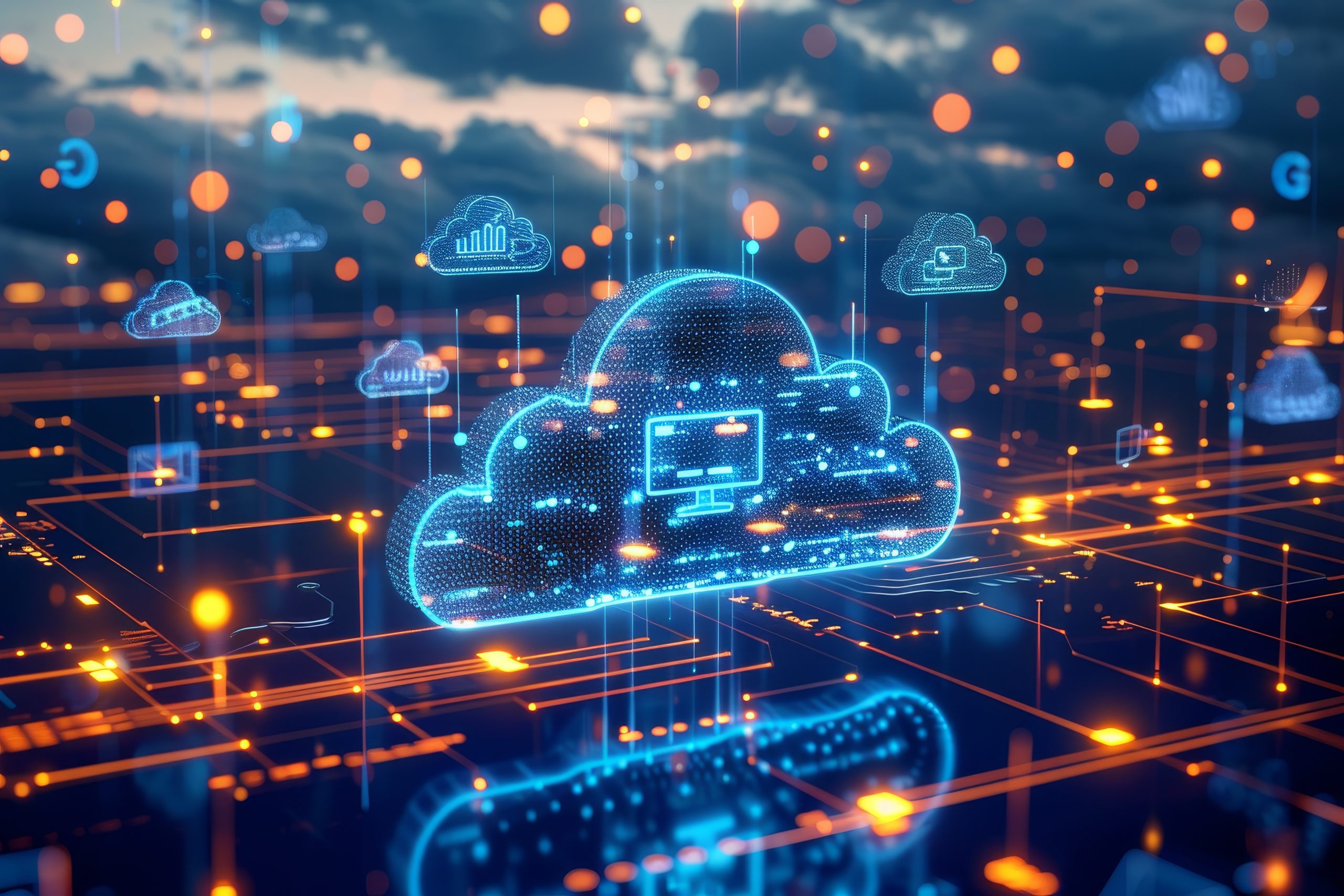 Cloud computing visualized with a digital globe and cloud technology icons symbolizing global access